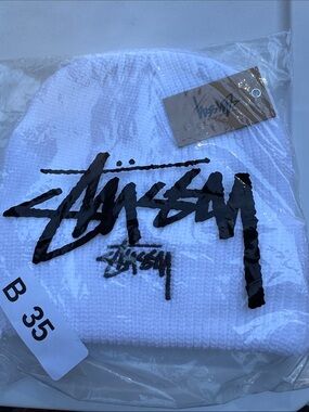 Stussy White Beanie with Black Logo